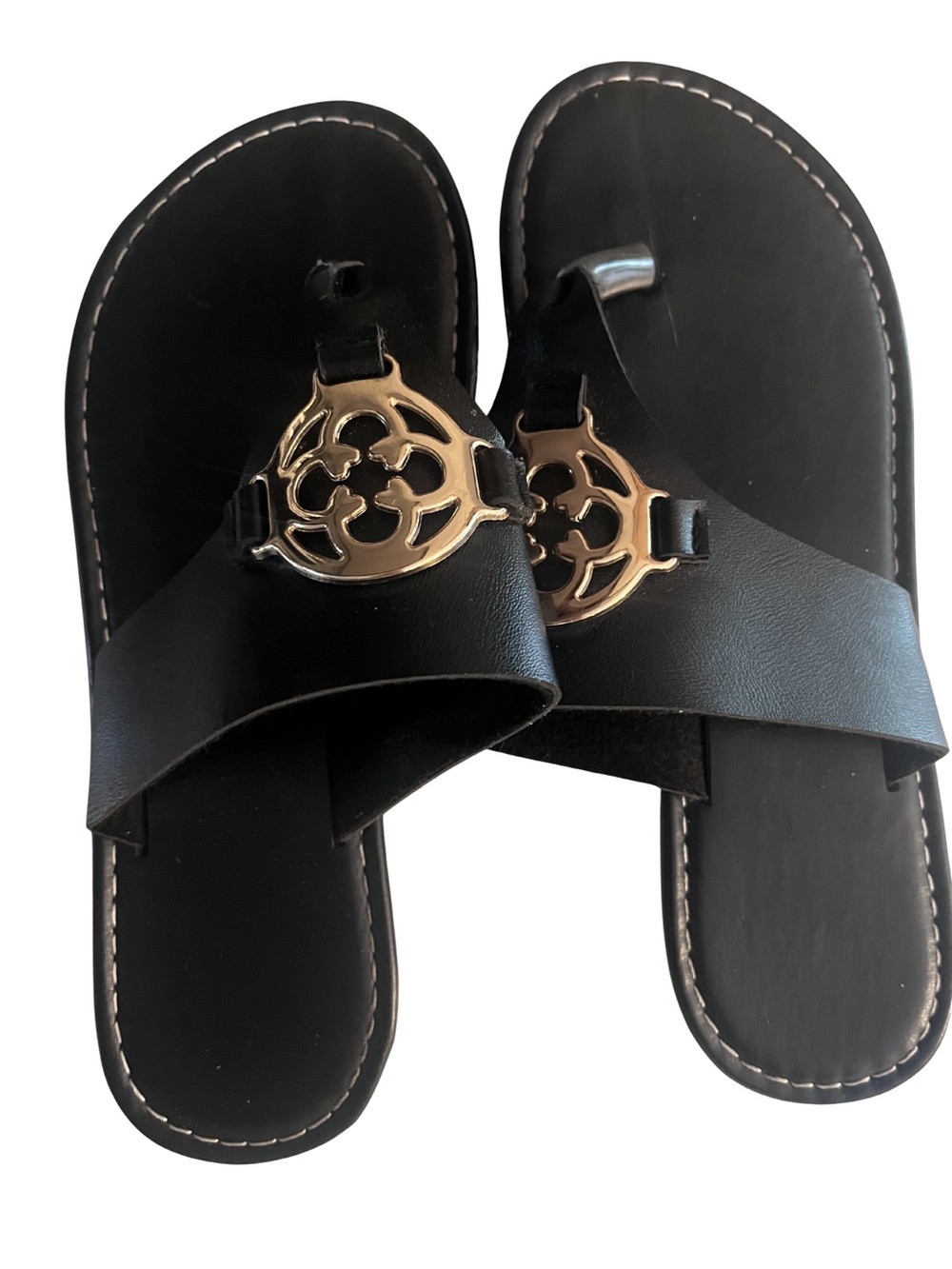 SHEIN Black Slides with Gold Medallion Accent